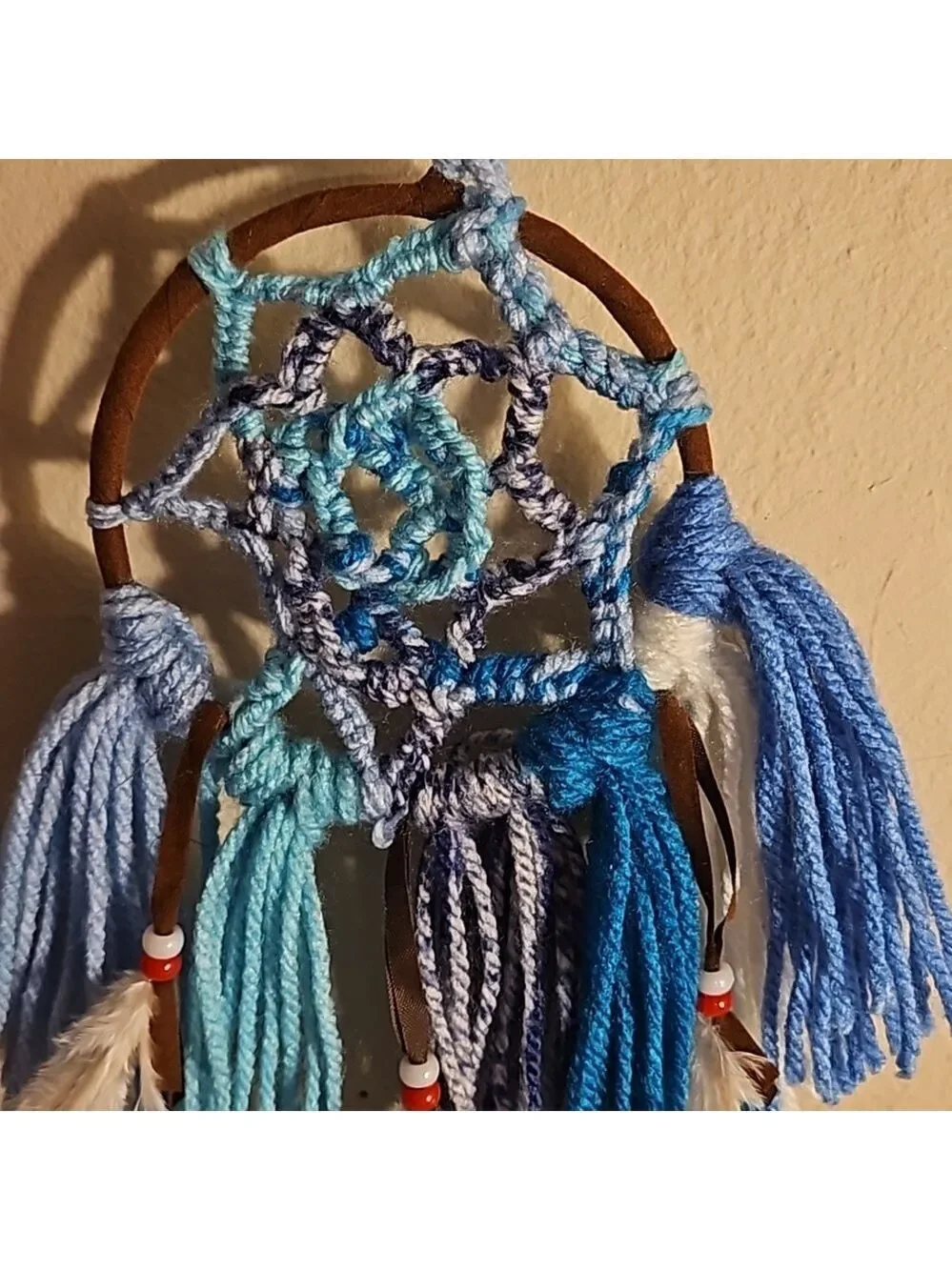 Hand Knit Crochet Dreamcatcher Brown Blue Yarn Feathers